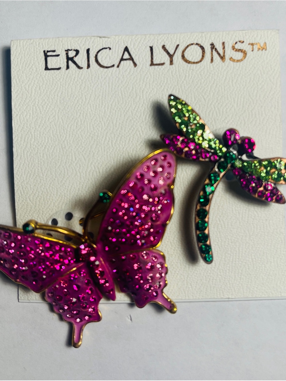 Erica Lyons Fuchsia Butterfly and Emerald Green Dragonfly Brooches